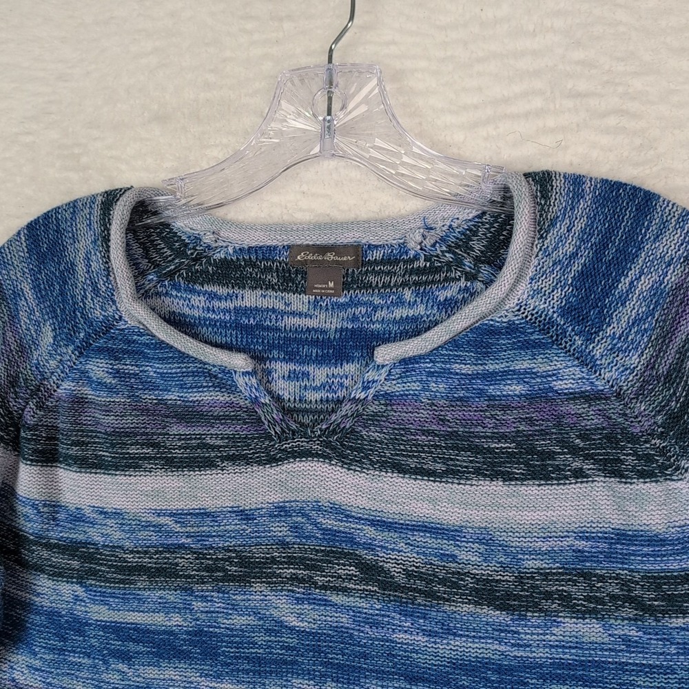 Eddie Bauer Sweater Women's Medium Blue Cotton Knit Split Neck Rolled Edges
